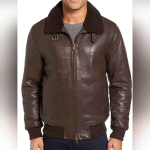 Rare Men's Brown Leather Jacket with Real Lamb Fur Collar Aviator Large